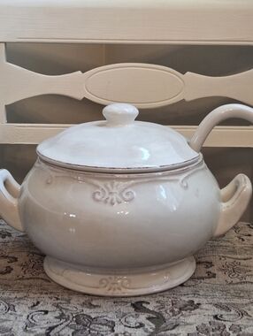 French Country Cream Glazed Ceramic Soup Tureen with Ladle.